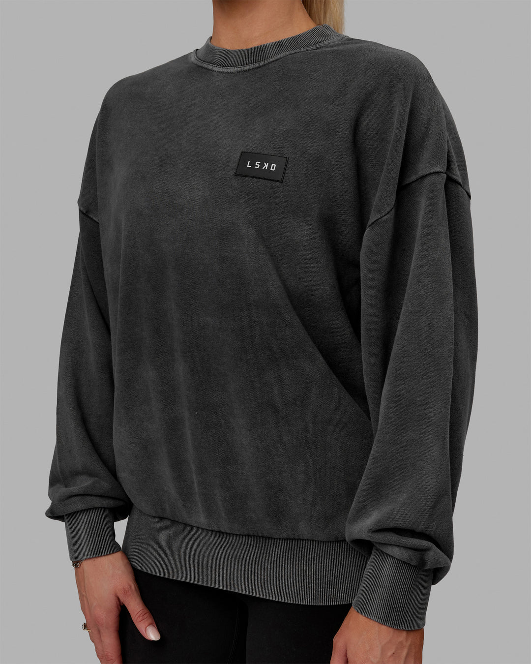 Woman wearing Unisex Washed Segmented Oversized Sweater - Black