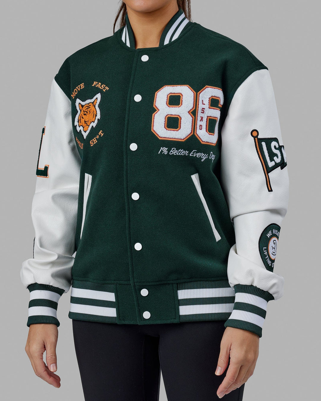 Woman wearing Unisex Varsity Bomber Jacket - Vital Green