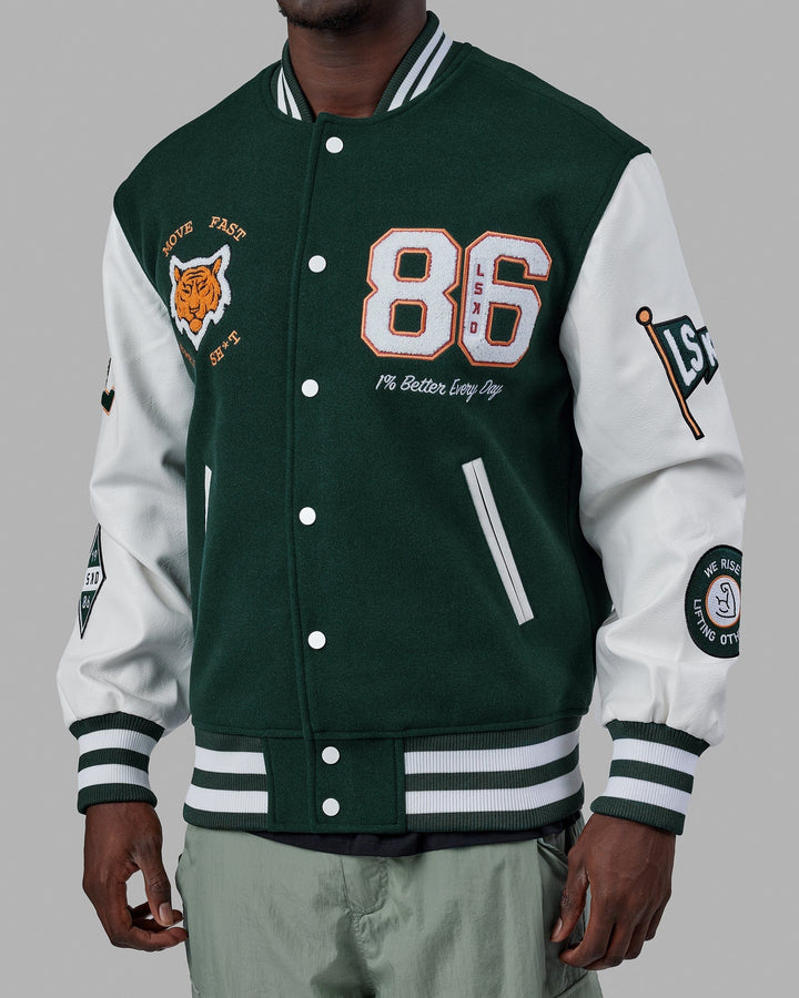 Man wearing Unisex Varsity Bomber Jacket - Vital Green