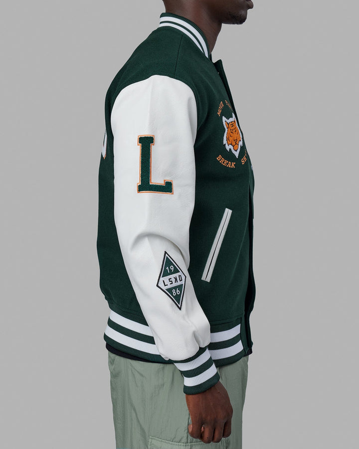 Man wearing Unisex Varsity Bomber Jacket - Vital Green