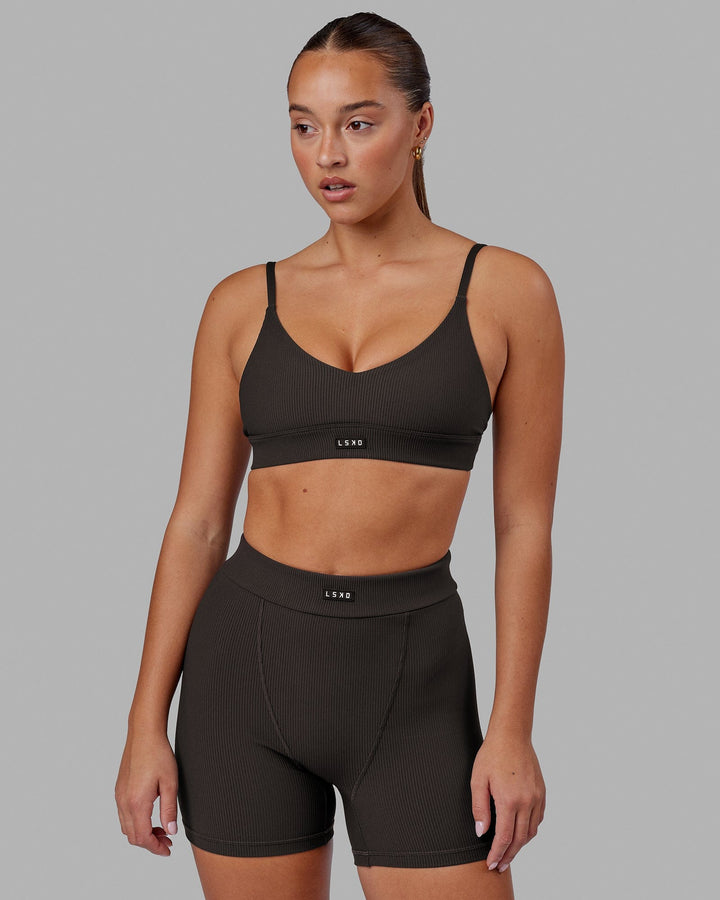 Woman wearing Vitalise Ribbed Bralette - Dark Walnut