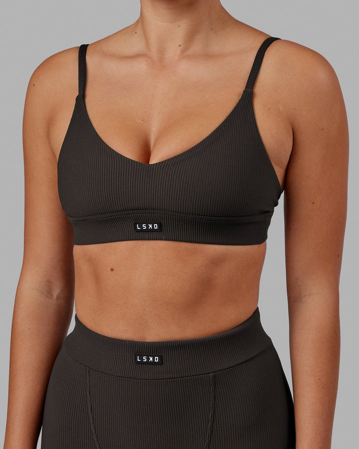 Woman wearing Vitalise Ribbed Bralette - Dark Walnut