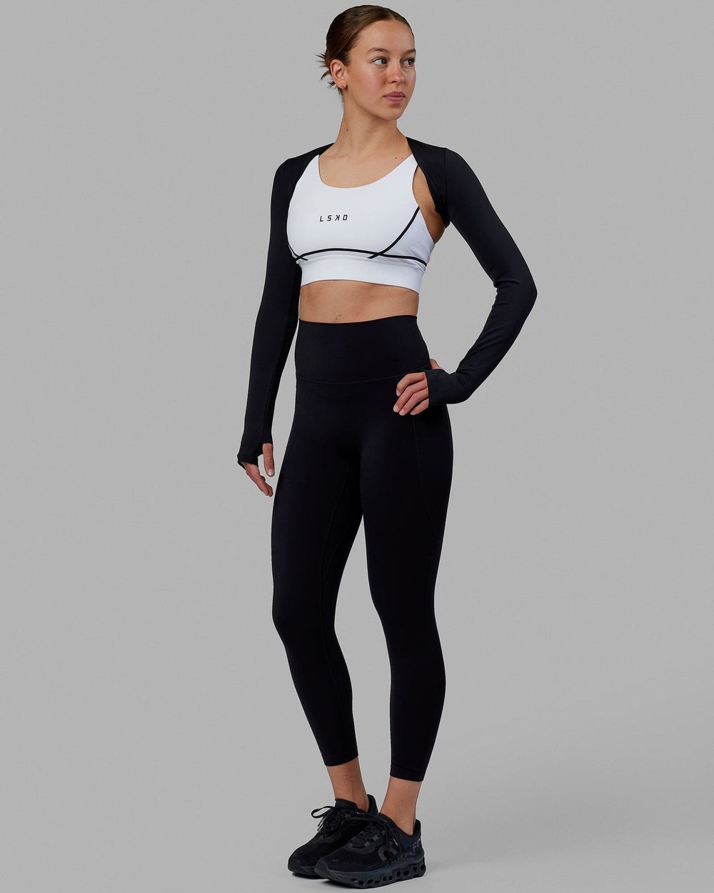 Woman wearing Warm Up LS Bolero - Black