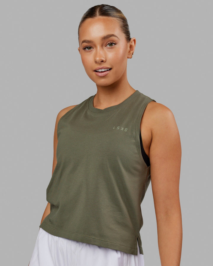 Woman wearing Deluxe PimaFLX Tank - Olive Fade