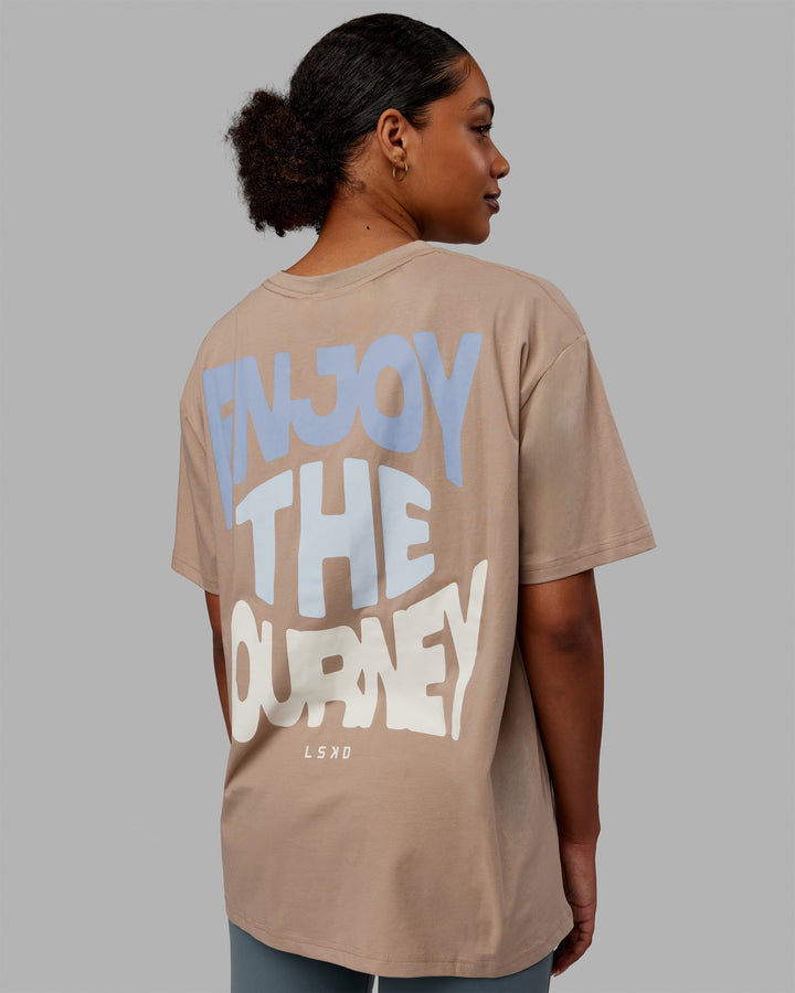Woman wearing E.T.J FLXCotton Oversized Tee - Taupe-Arctic Blue