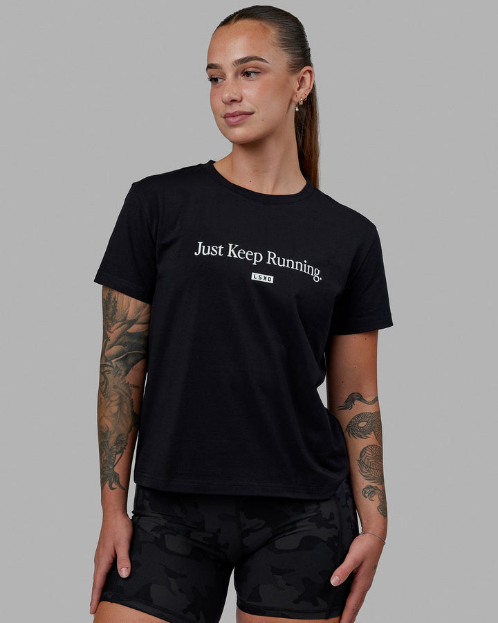 Woman wearing Just Keep Running FLXCotton Tee - Black-White