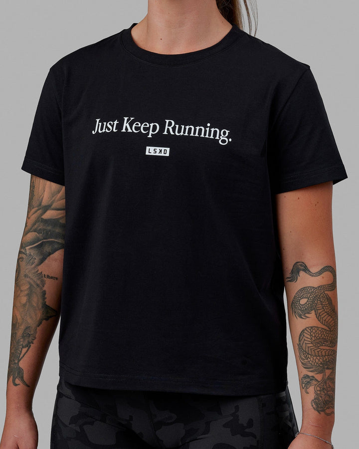 Woman wearing Just Keep Running FLXCotton Tee - Black-White
