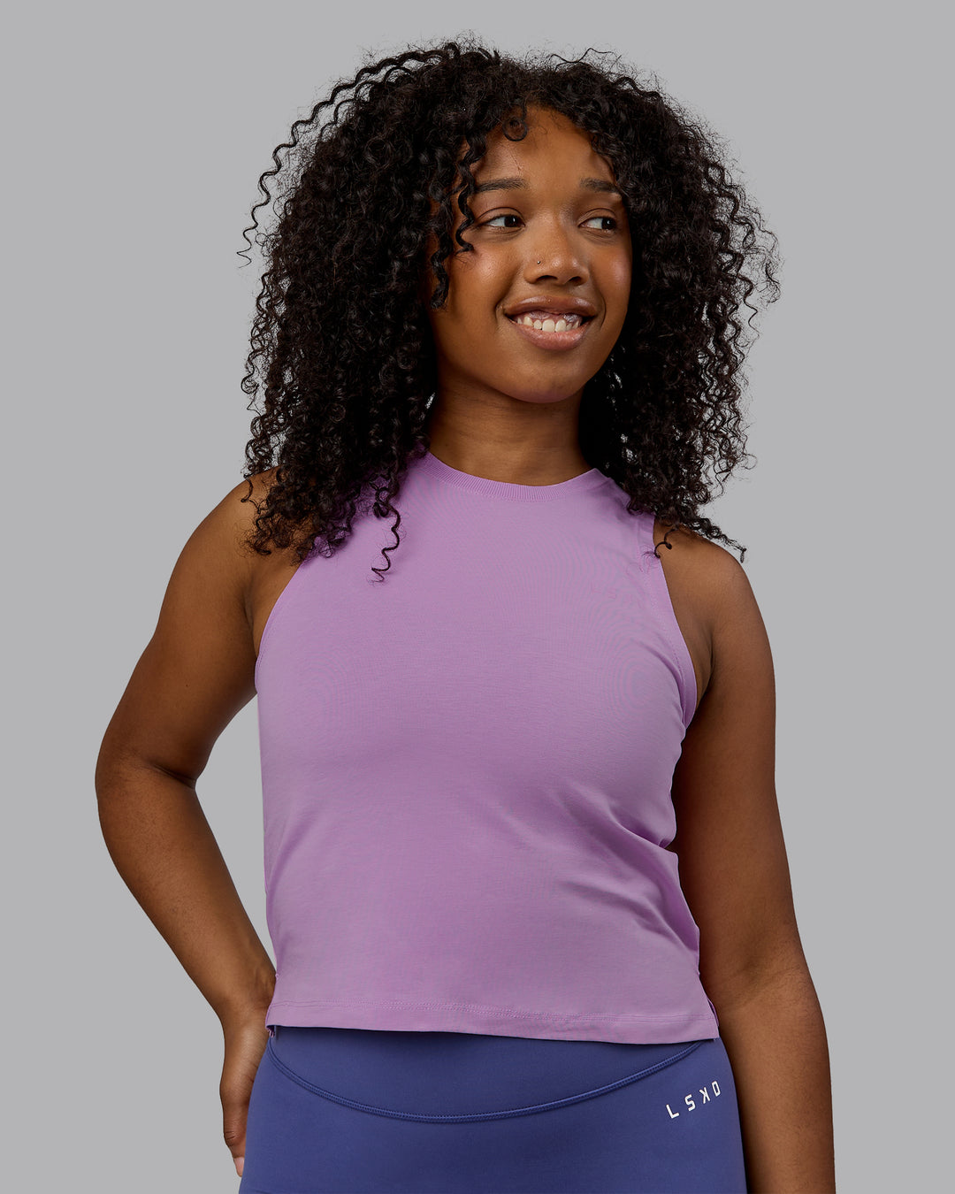 Woman wearing Deluxe PimaFLX Tank - Light Violet