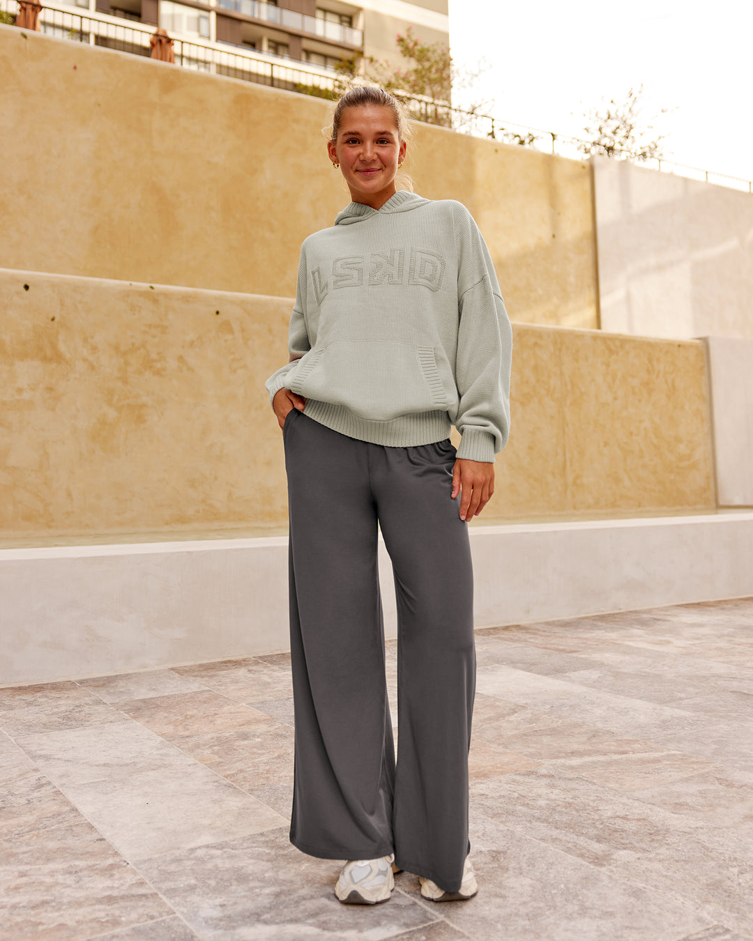 Woman wearing All Day Active Knitted Hoodie - Shale Beige  | Size:S