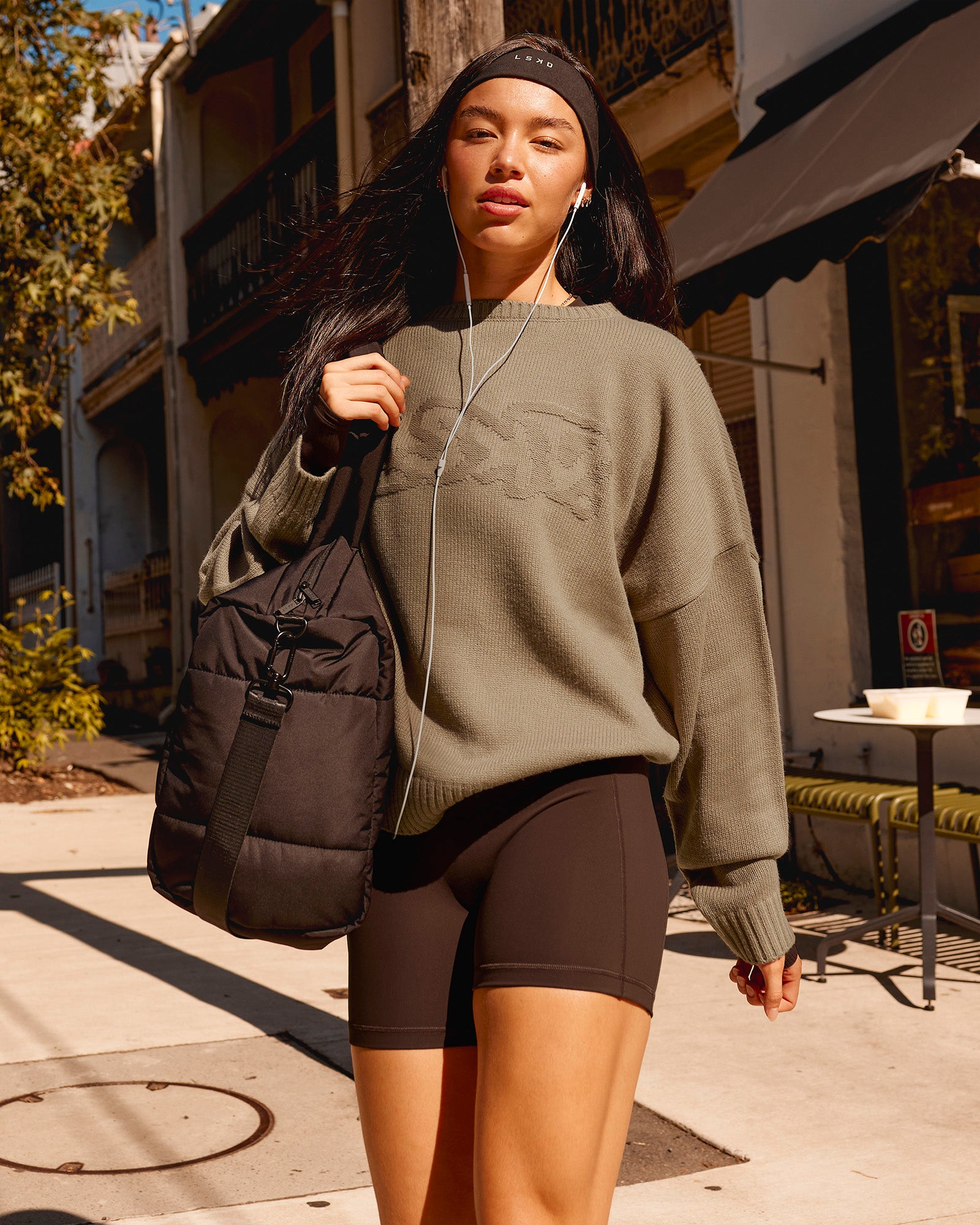 Woman wearing All Day Active Knitted Sweater - Taupe Ash | Model:Kaye | Size:S