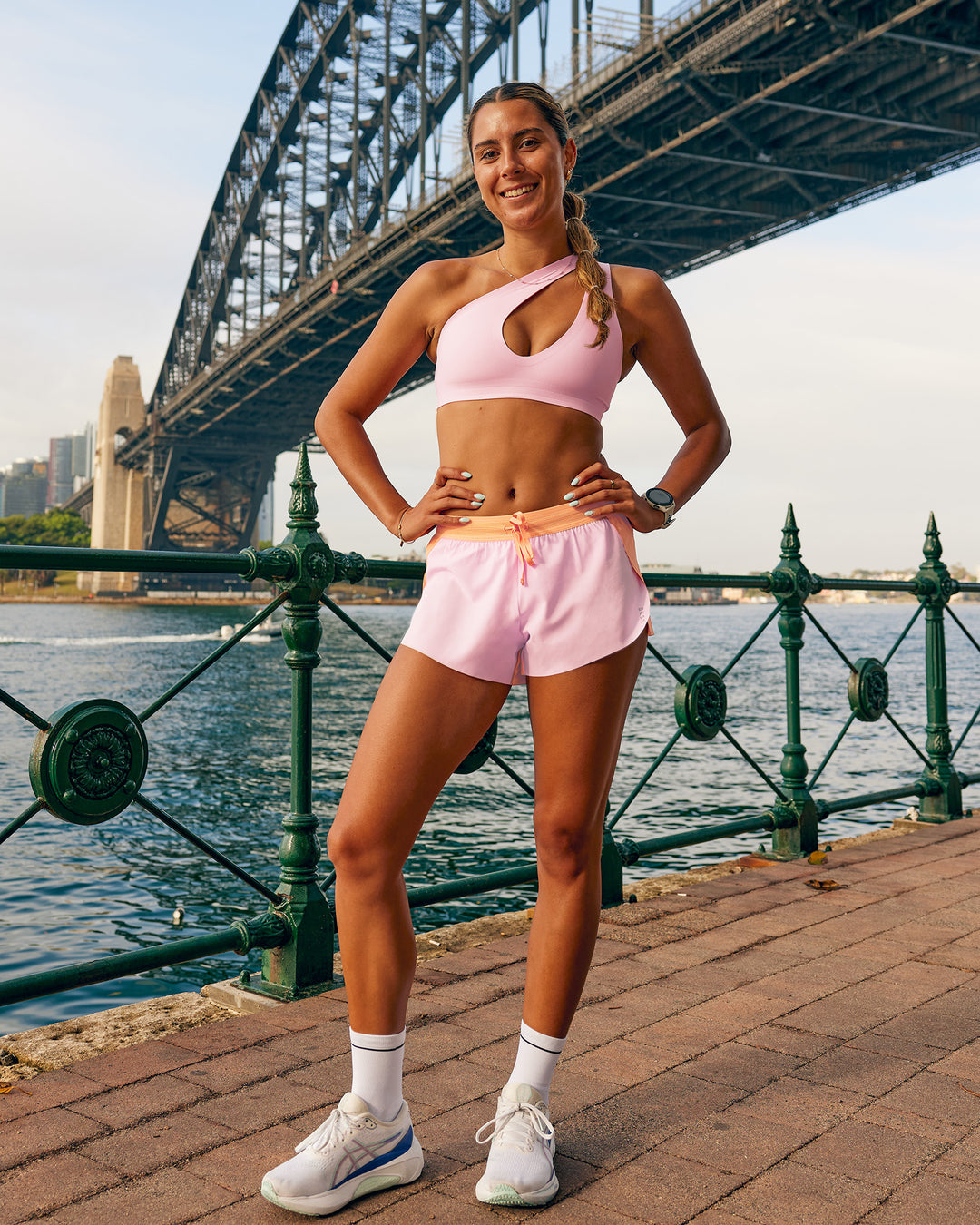 Woman wearing Bend &amp; FLX Plunge Sports Bra - Marshmallow | Model:Olivia | Size:S