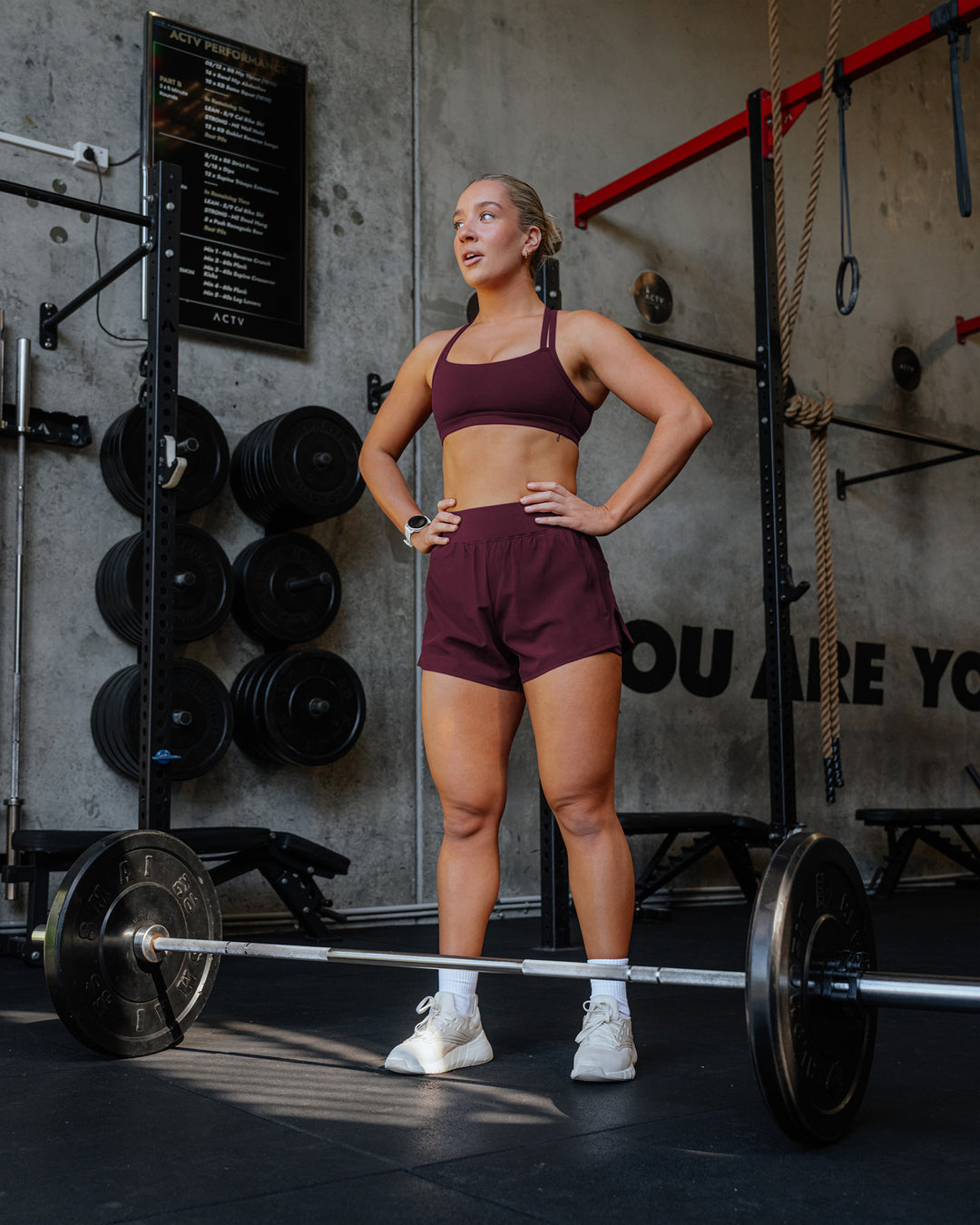 Woman wearing Challenger 3" Lined Performance Short - Cherry Lacquer | Model:Lyss | Size:S