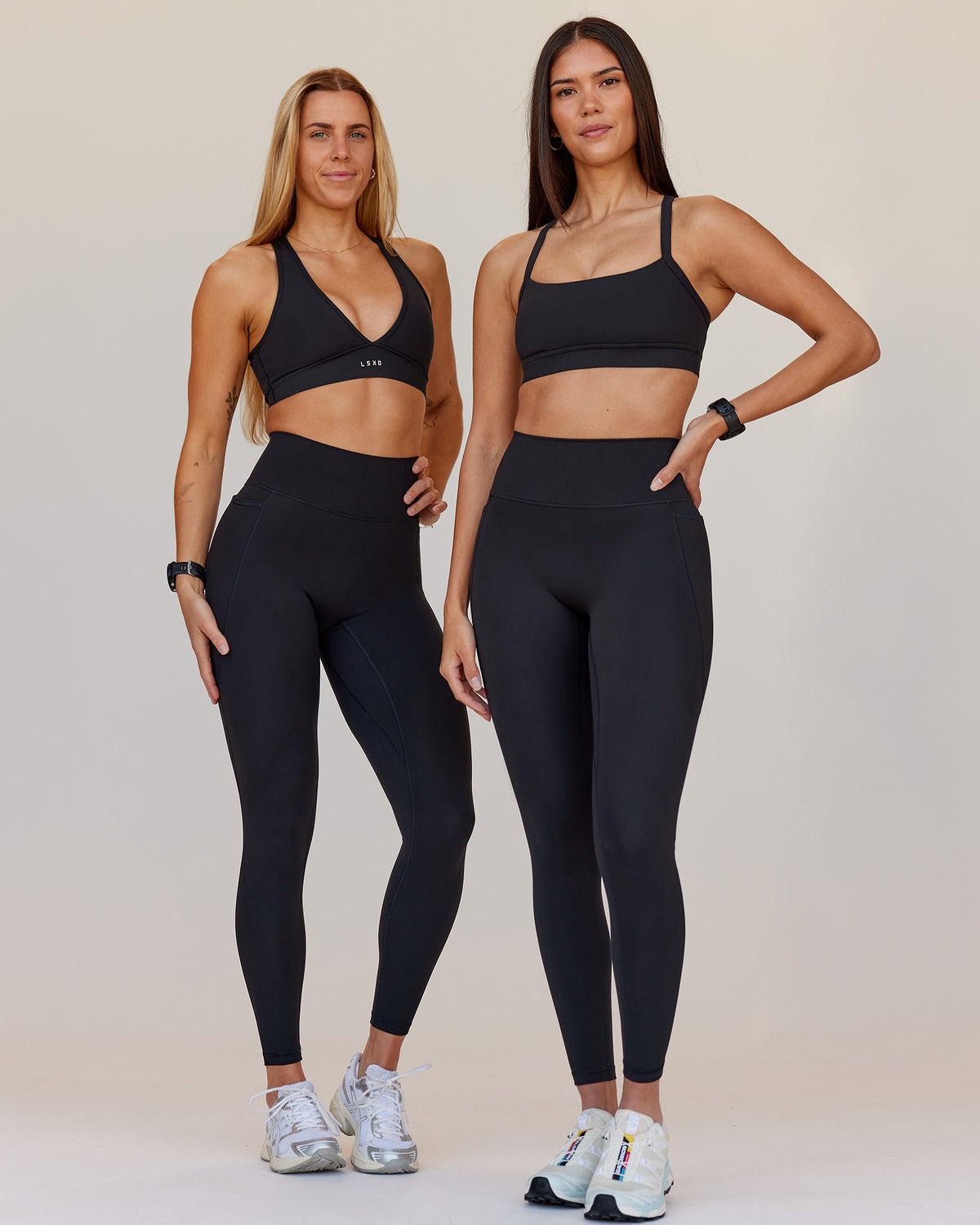 Woman wearing Fusion V-Contour Ultra High-Rise Full Length Legging Pockets - Black | Model:Both | Size:S - view 2