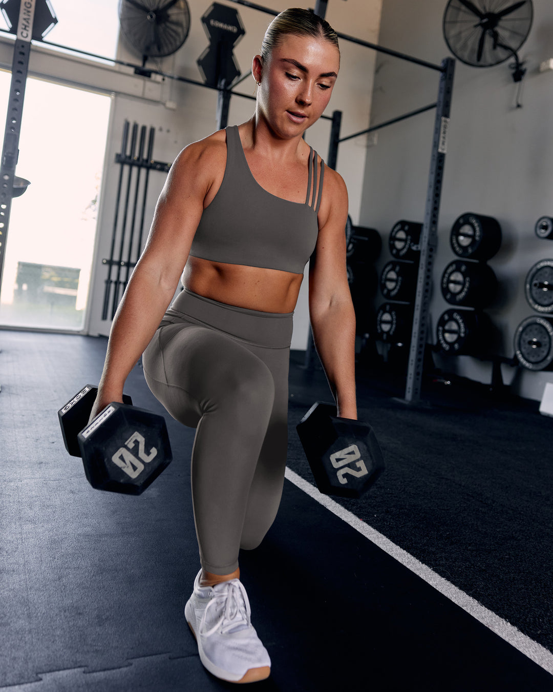 Woman wearing Galvanise Sports Bra 2.0 - Dark Storm | Model:Pam | Size:S