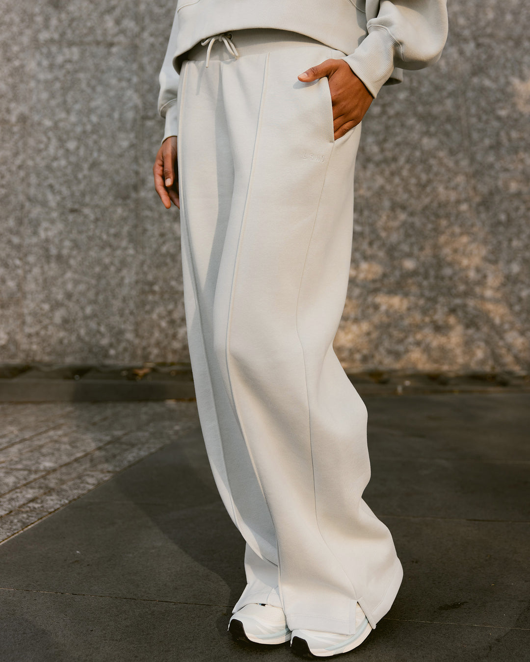 Woman wearing MVP Wide Leg Track Pant - Digital Mist| Model:Tomi | Size:S