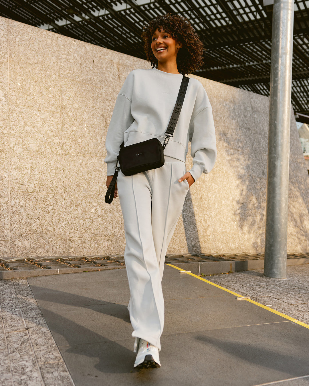 Woman wearing MVP Wide Leg Track Pant - Digital Mist| Model:Tomi | Size:S