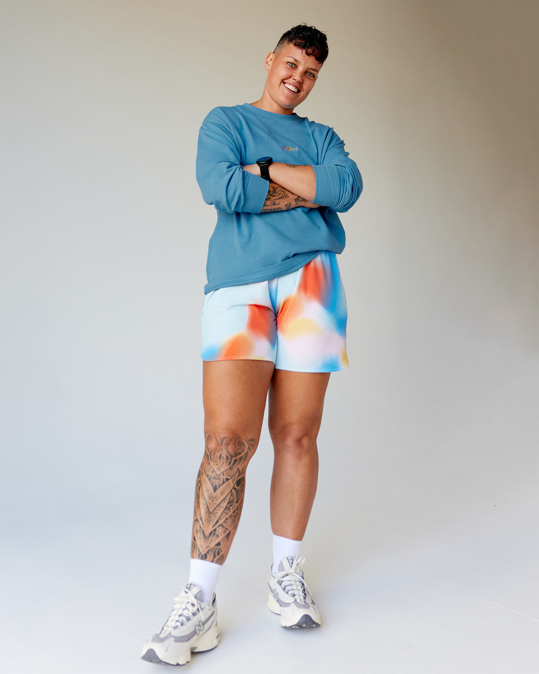 Model wearing Our Journey Oversize Heavyweight FLXCotton Long Sleeve Tee - Azure Blue | Model:Em | Size:S