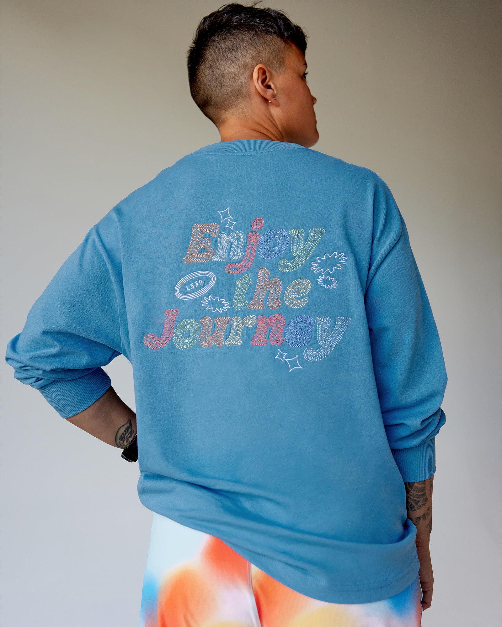 Model wearing Our Journey Oversize Heavyweight FLXCotton Long Sleeve Tee - Azure Blue | Model:Em | Size:S