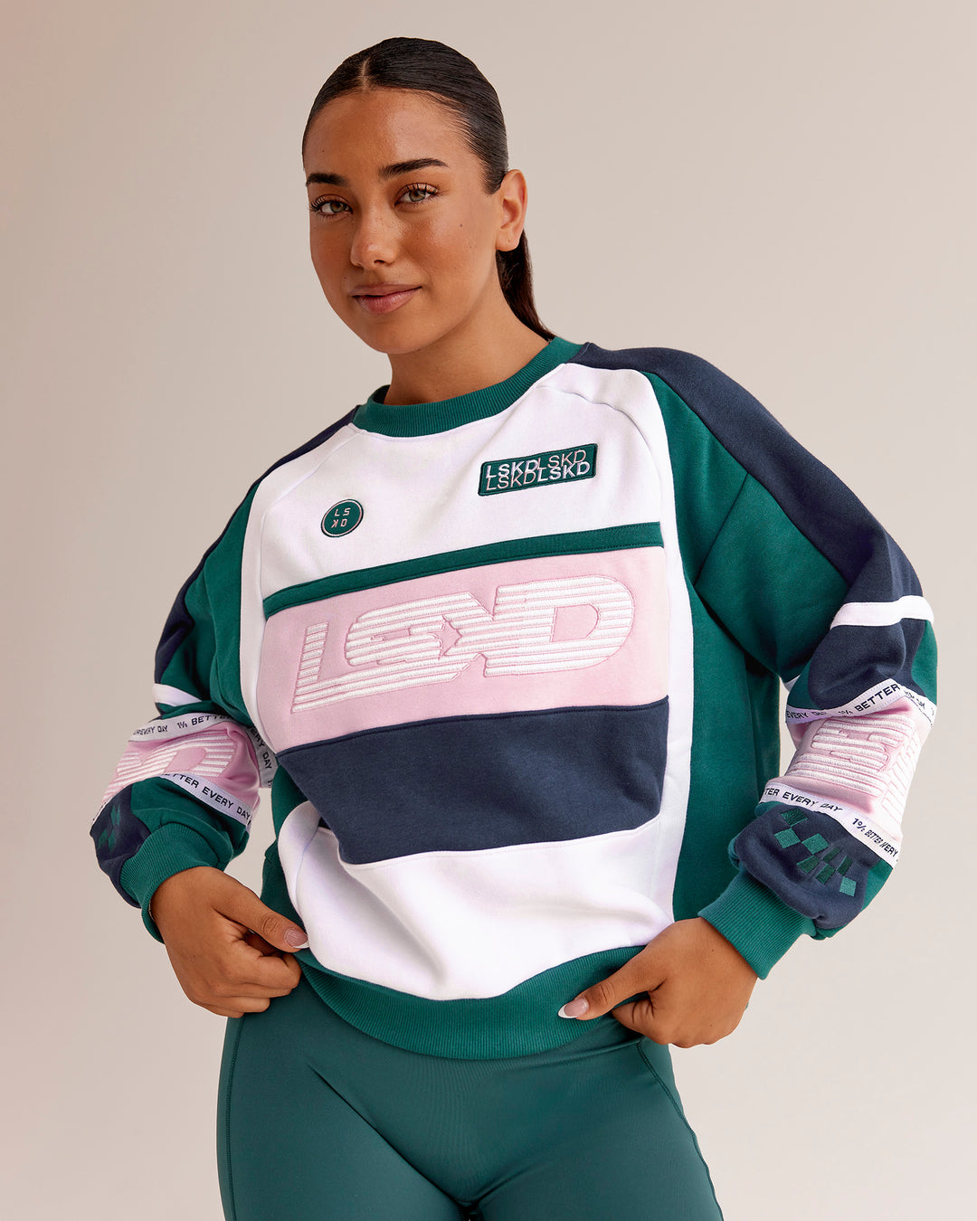 Woman wearing Power Sweater - Future Navy-Teal | Model:Ysabella | Size:S