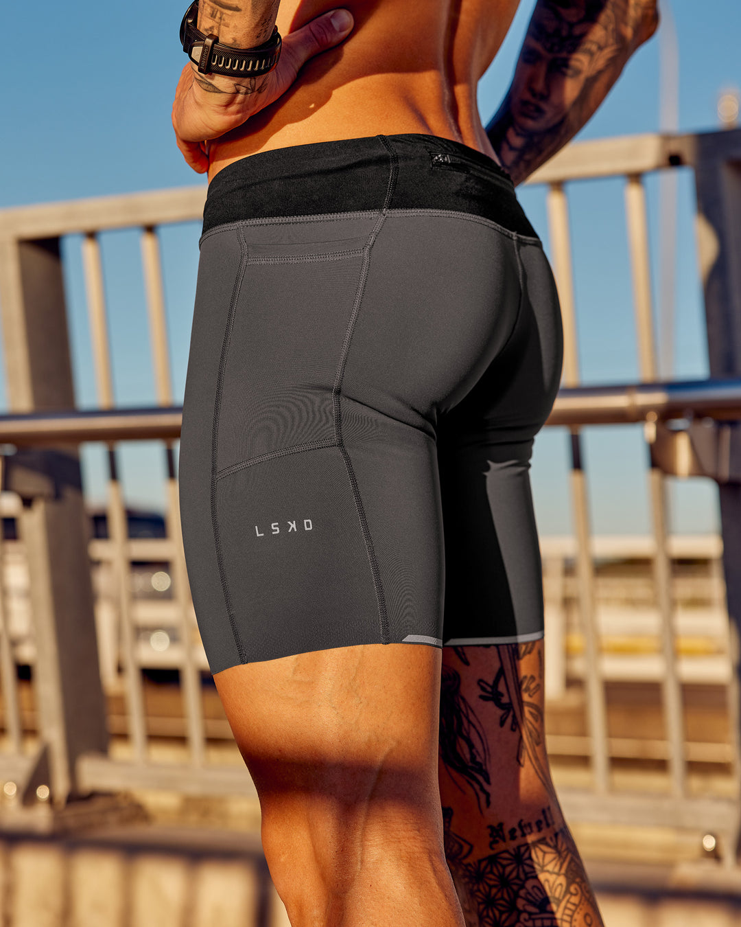 Man wearing Race Day Short Tight 8&quot; - Dark Storm | Model:Tommy | Size:S