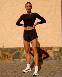 Woman wearing Scrunch Long Sleeve Tee - Black | Model:Lauren | Size:S