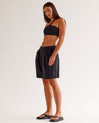 Woman wearing StretchShift Wide Leg Short - Black | Model:Ruby | Size:S