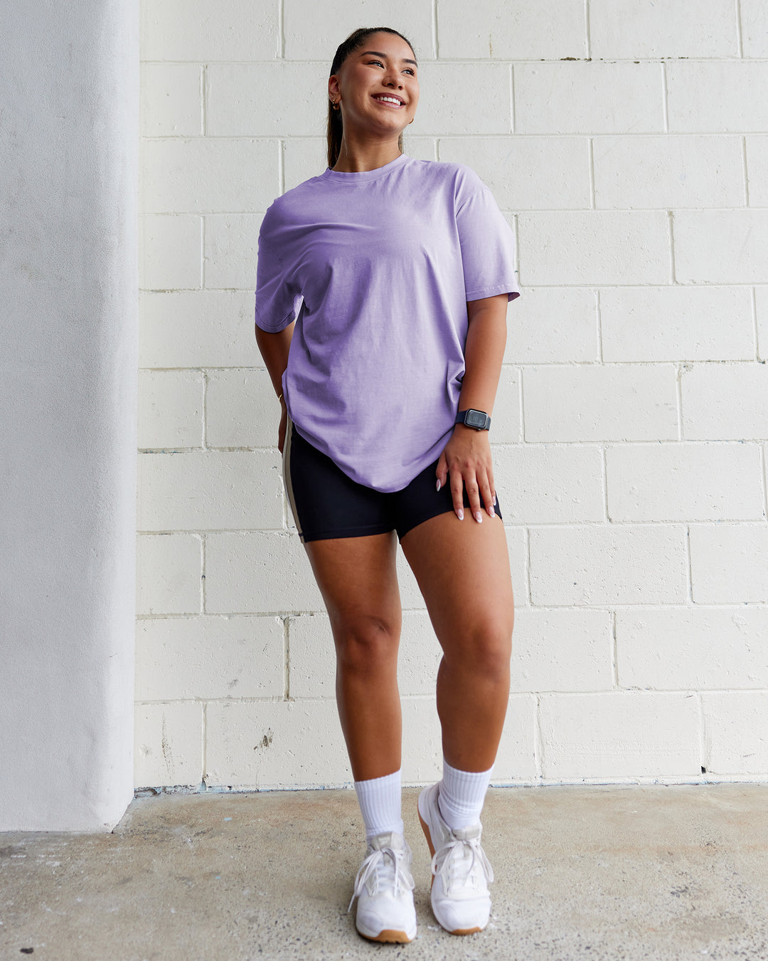 Woman wearing Heart FLXCotton Oversized Tee - Washed Violet Ray-White | Model:Gloria | Size:S