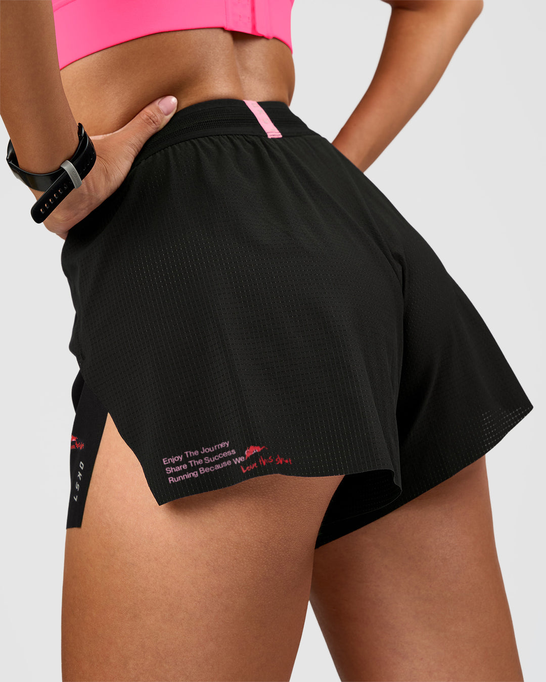 Woman wearing Accelerate 3" High-Rise Running Short - Black-Enjoy The Journey | Model:Rhiley | Size:S
