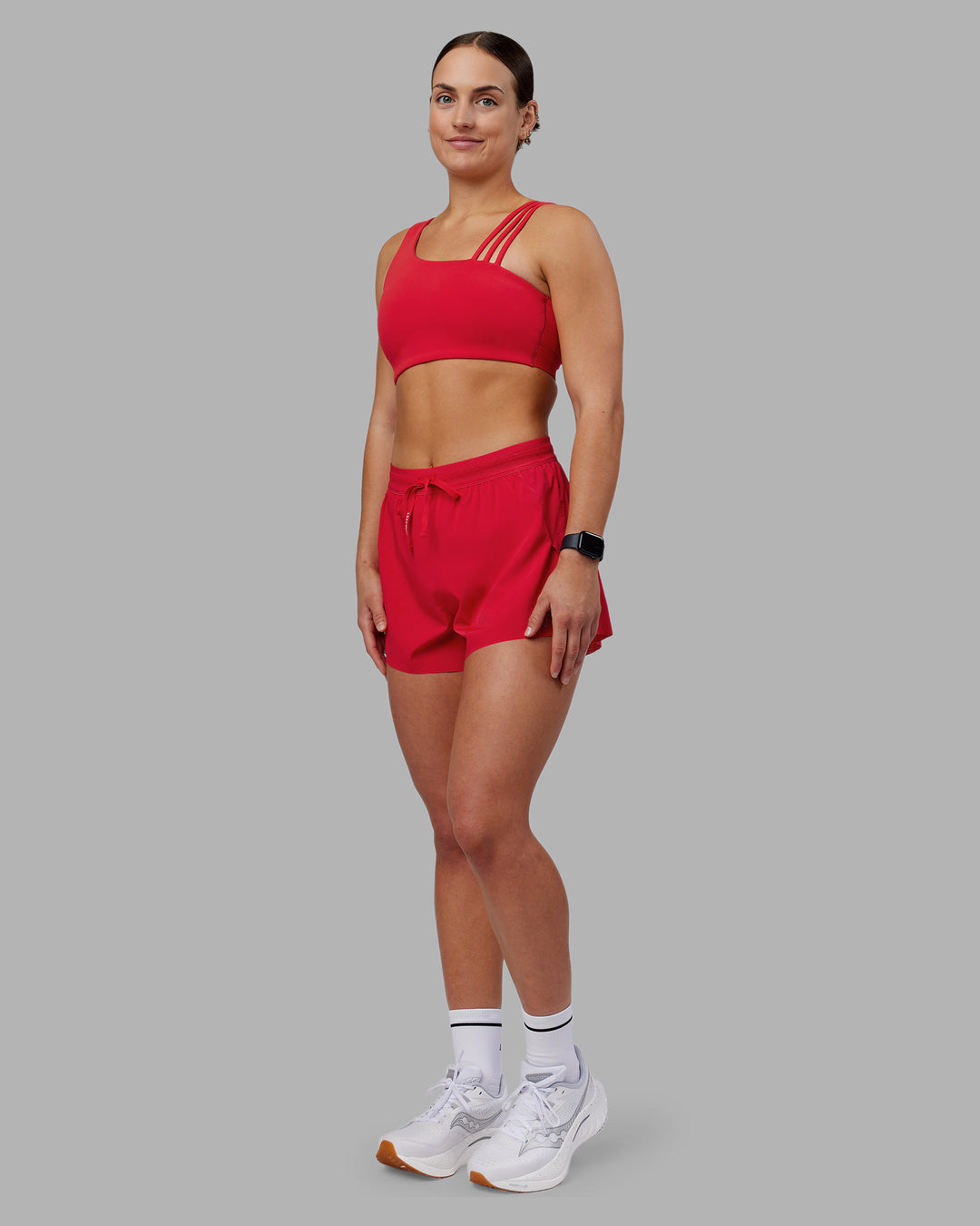 Woman wearing Accelerate 3&quot; High-Rise Running Short - Scarlet | Model:Keisha | Size:S