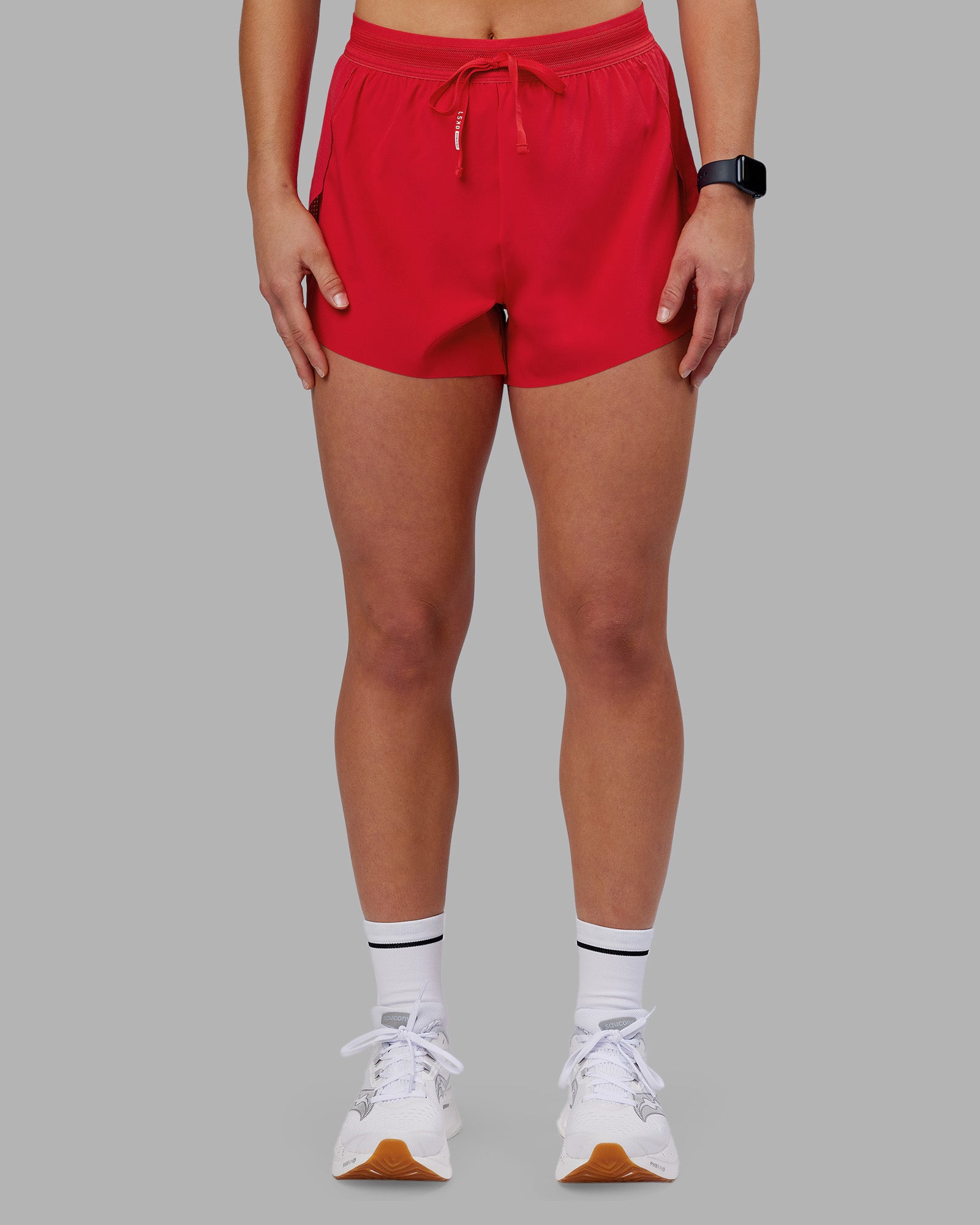 Woman wearing Accelerate 3" High-Rise Running Short - Scarlet | Model:Keisha | Size:S