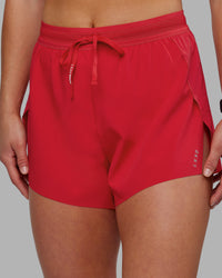 Woman wearing Accelerate 3" High-Rise Running Short - Scarlet | Set:true | Angle:closeup | Model:Keisha | Size:S