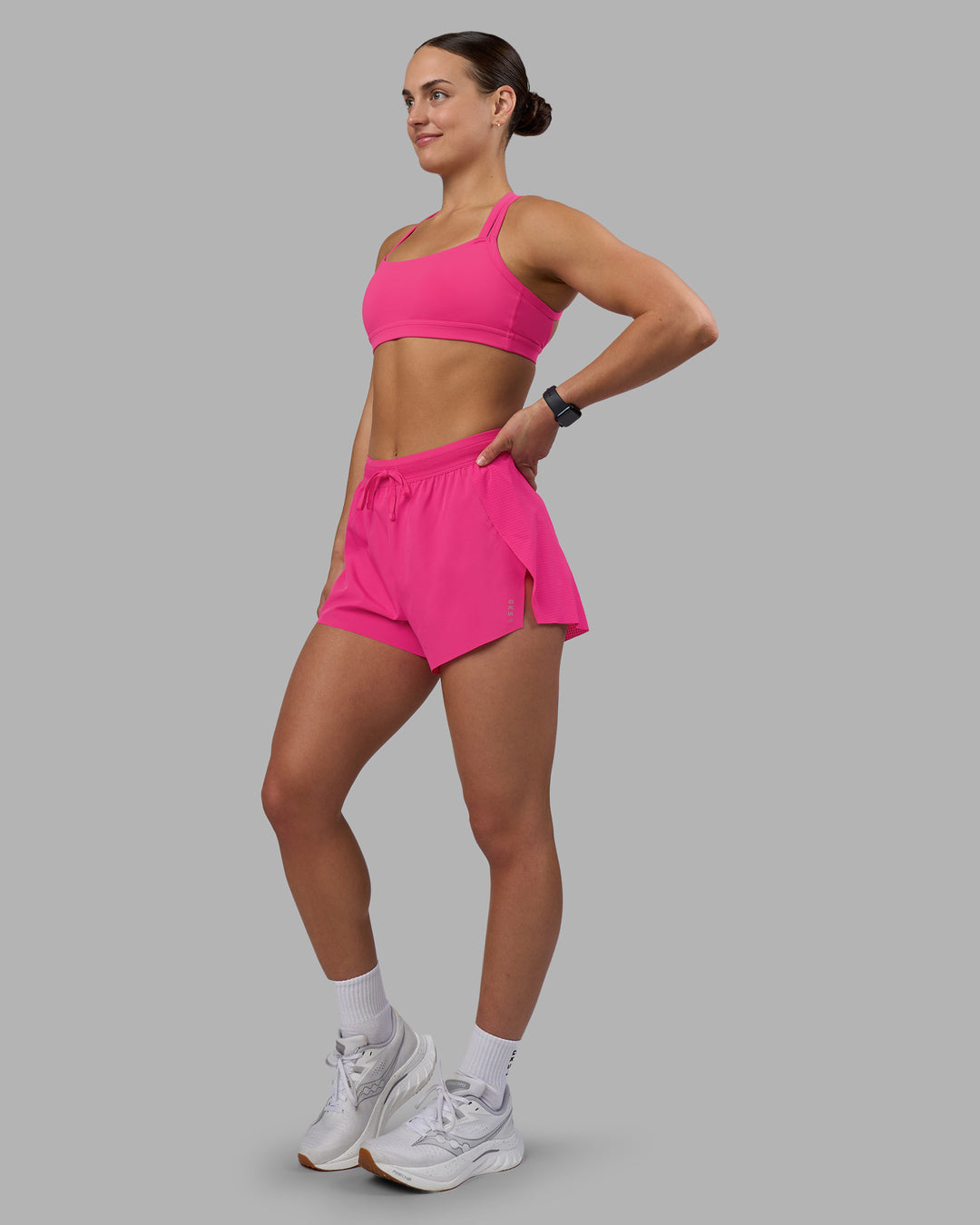 Woman wearing Accelerate 3&quot; High-Rise Running Short - Ultra Pink | Model:Keisha | Size:S