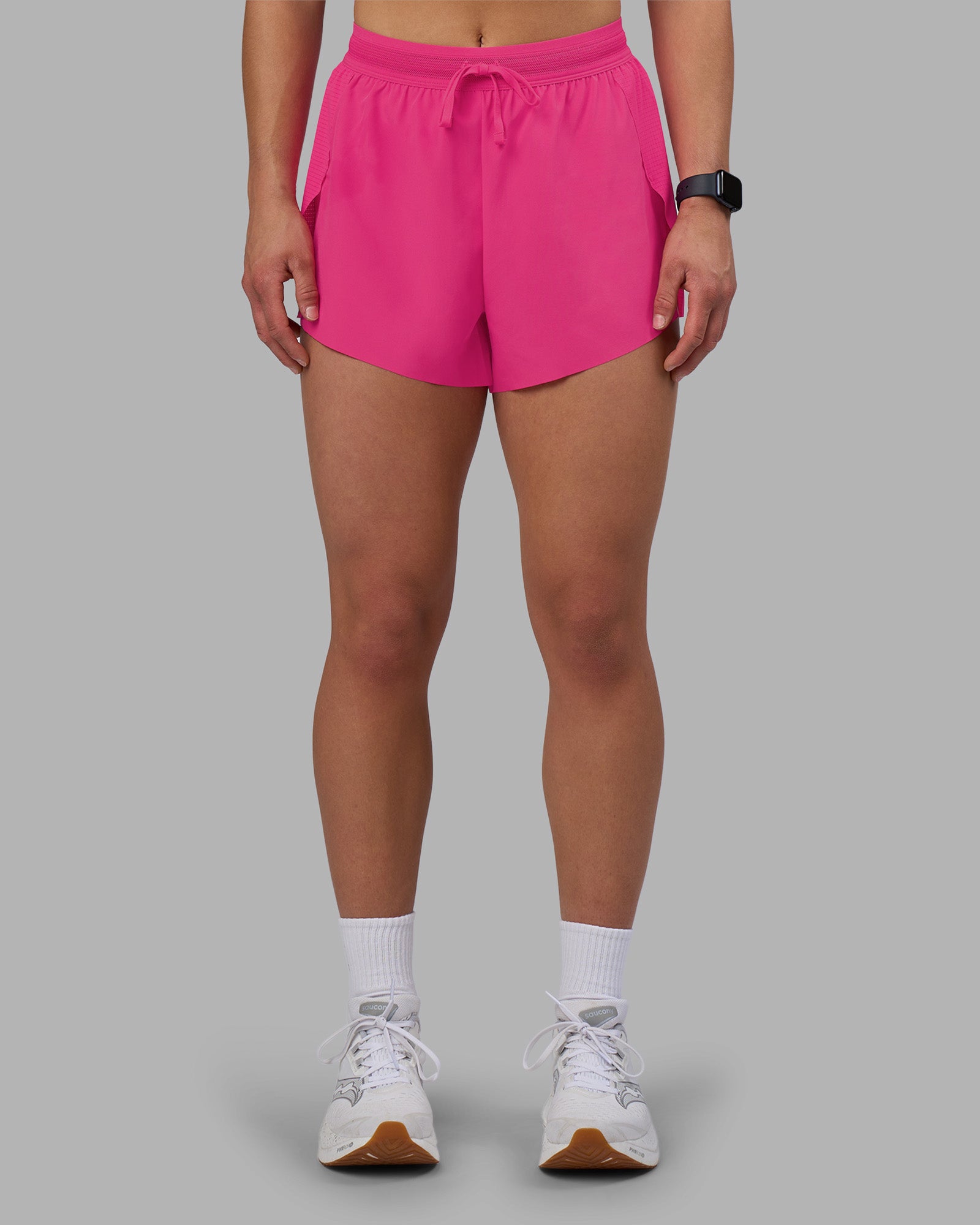 Woman wearing Accelerate 3" High-Rise Running Short - Ultra Pink | Model:Keisha | Size:S