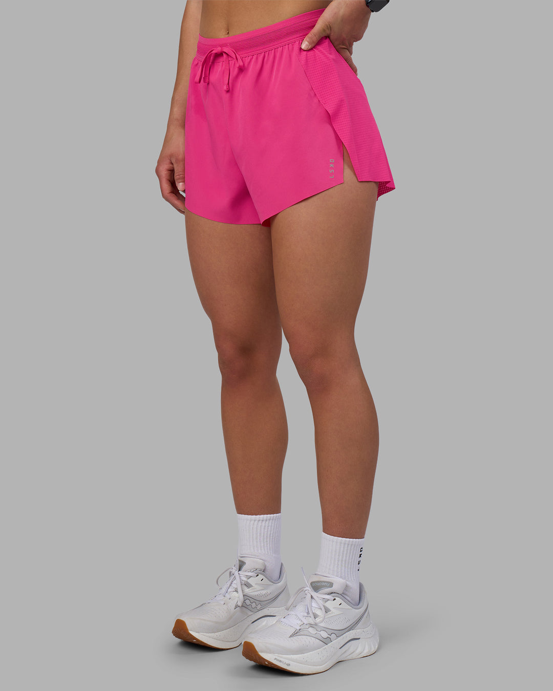 Woman wearing Accelerate 3&quot; High-Rise Running Short - Ultra Pink | Model:Keisha | Size:S