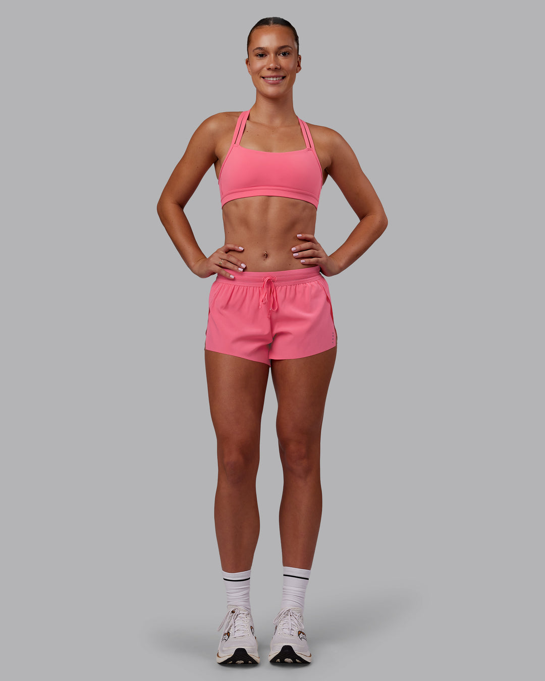 Woman wearing Accelerate 3&quot; Running Short - Pink Lemonade | Model:Charlize | Size:S