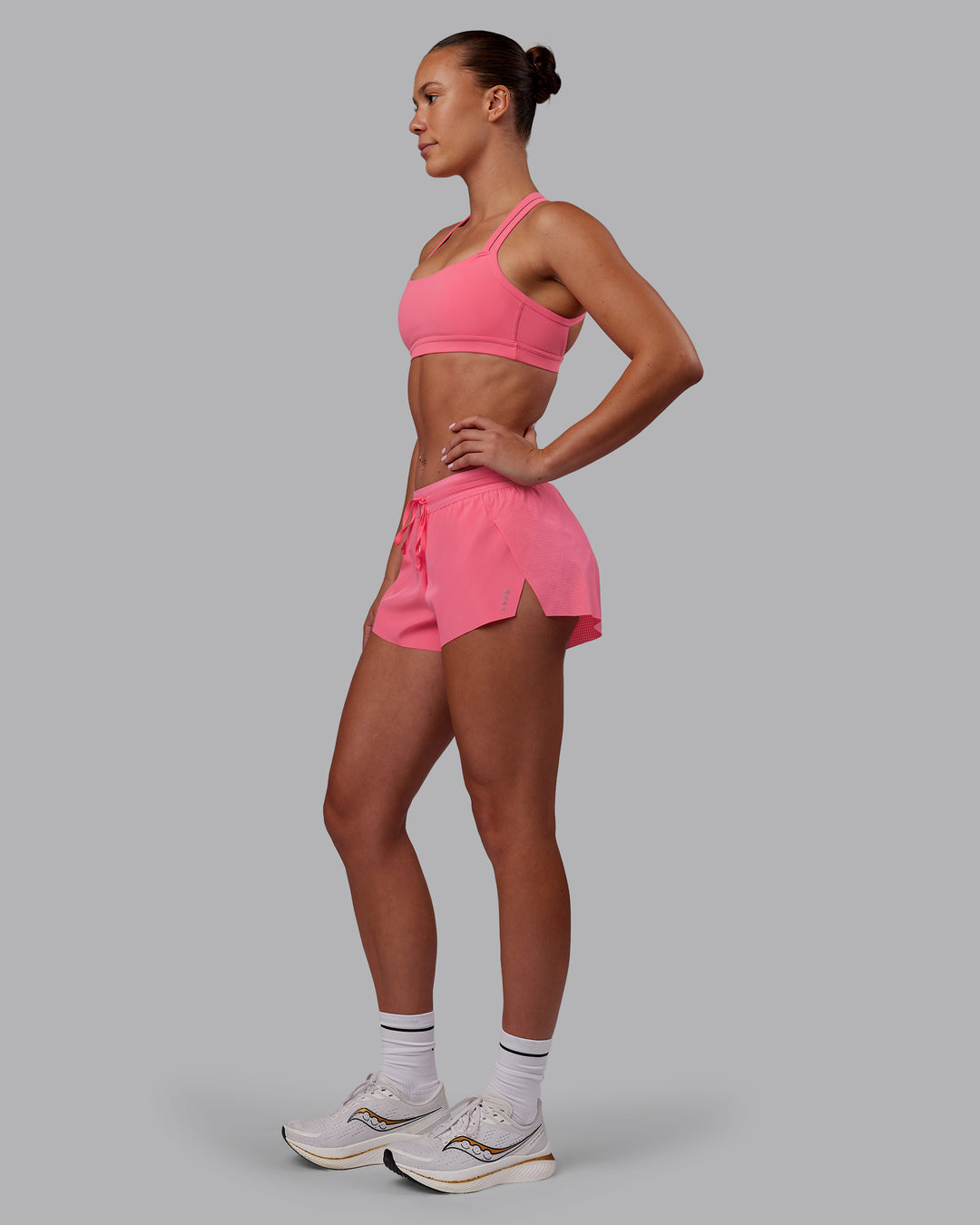 Woman wearing Accelerate 3&quot; Running Short - Pink Lemonade | Model:Charlize | Size:S