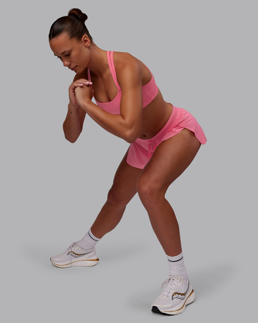 Woman wearing Accelerate 3&quot; Running Short - Pink Lemonade | Model:Charlize | Size:S