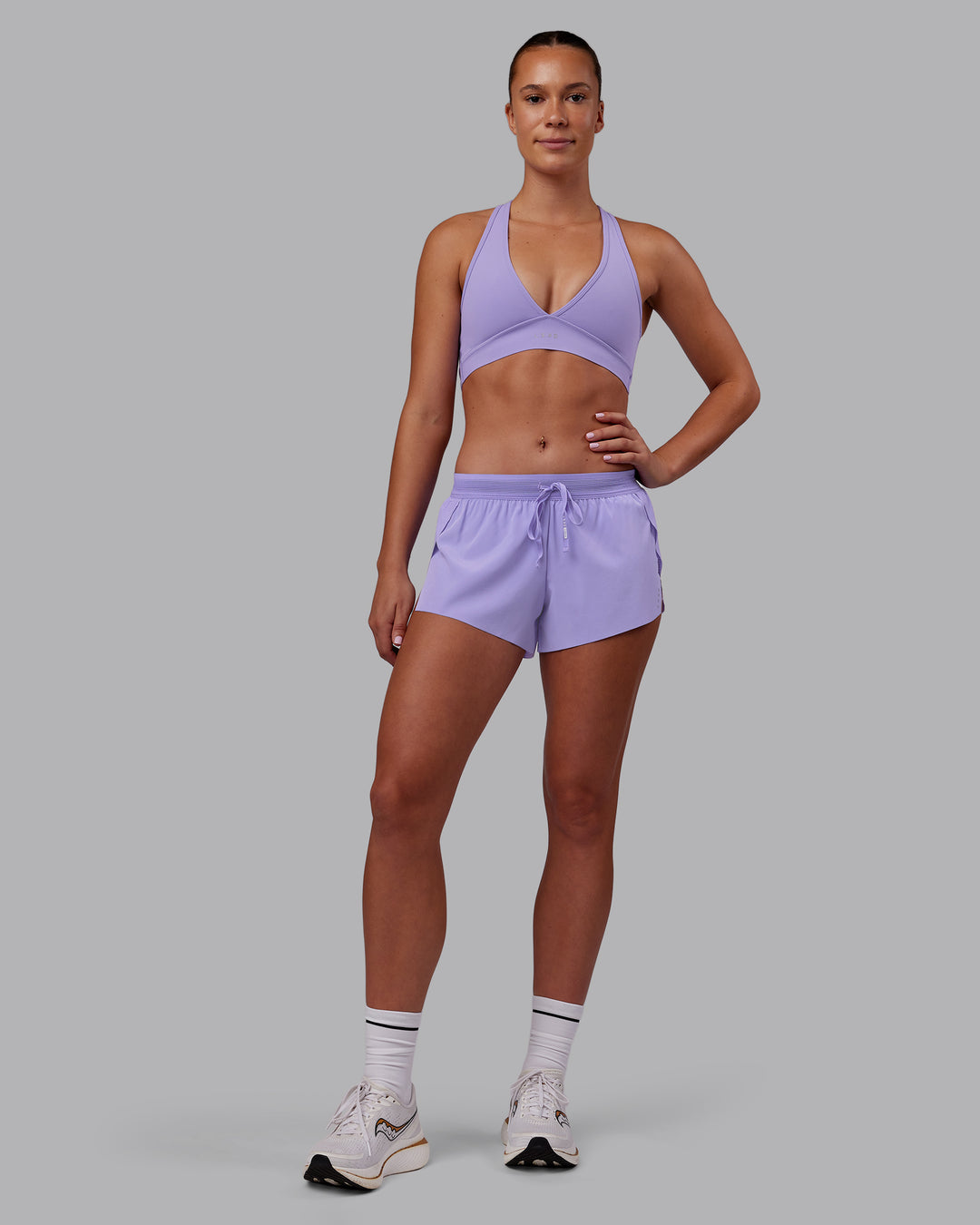 Woman wearing Accelerate 3&quot; Running Short - Violet Ray | Model:Charlize | Size:S