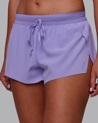Woman wearing Accelerate 3" Running Short - Violet Ray | Model:Charlize | Size:S