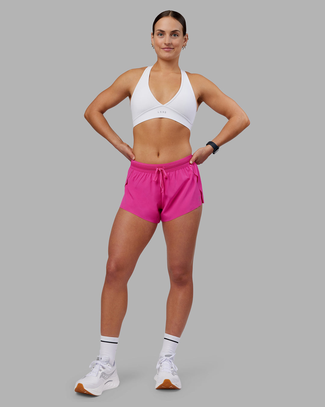 Woman wearing Accelerate 3&quot; Running Short - Ultra Pink | Model:Keisha | Size:S
