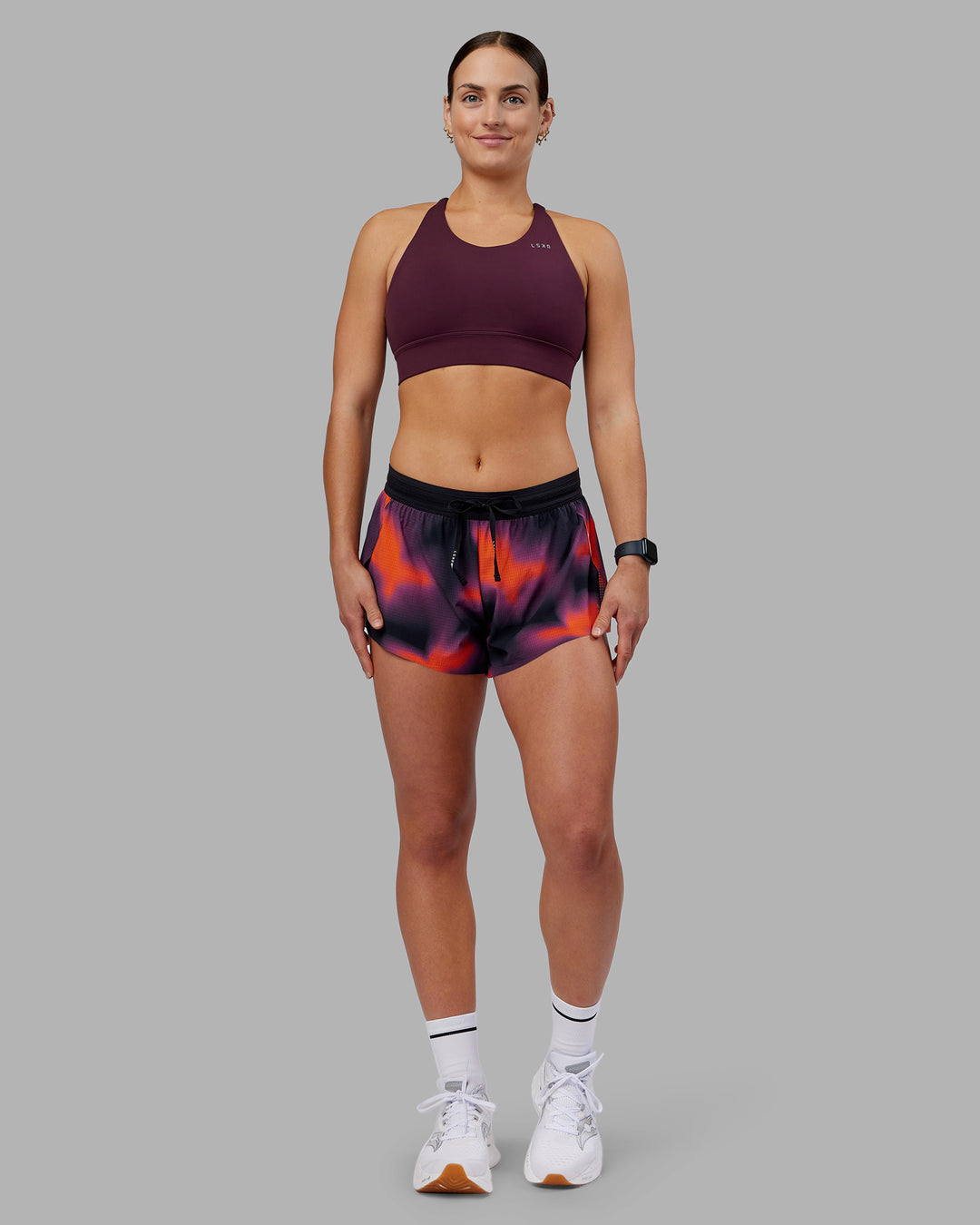 Woman wearing Accelerate 3&quot; Running Short - Inferno Print | Model:Keisha| Size:S