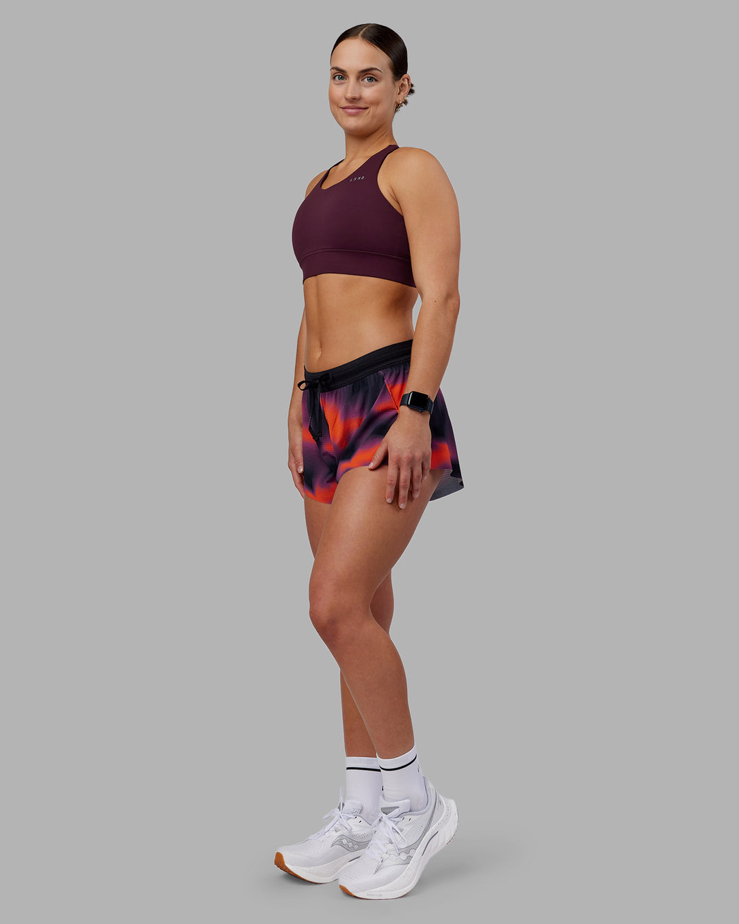 Woman wearing Accelerate 3&quot; Running Short - Inferno Print | Model:Keisha| Size:S