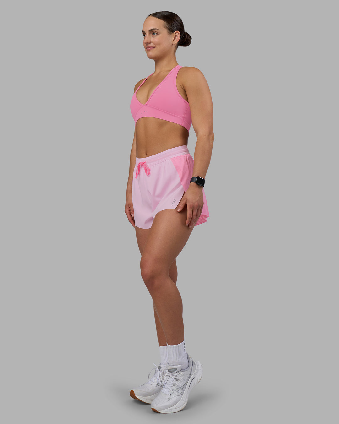 Woman wearing Accelerate 3&quot; High-Rise Running Short - Candy Pink-Marshmallow | Model:Keisha | Size:S