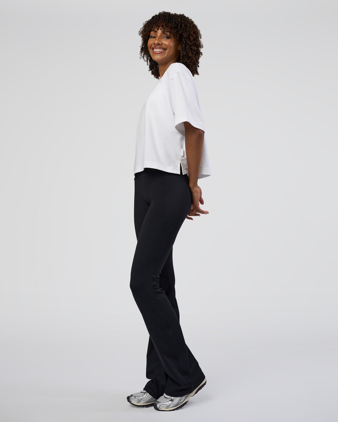 Woman wearing AfterDark ZeroCrease Cropped Tee - White | Model:Tomi | Size:S