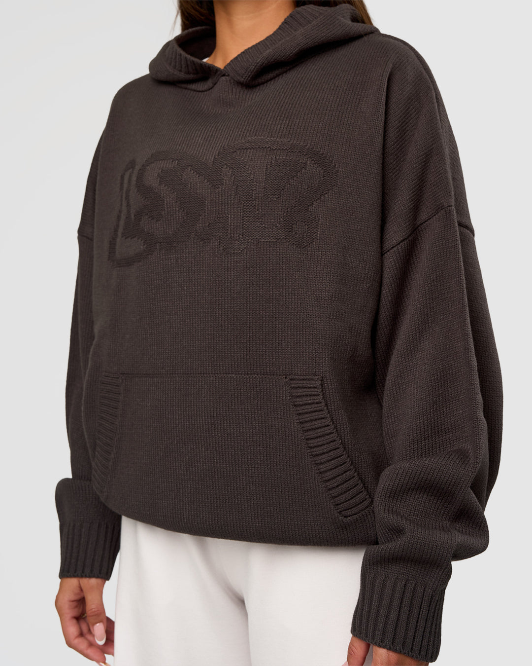 Woman wearing All Day Active Knitted Hoodie - Dark Storm | Model:Bianca | Size:S