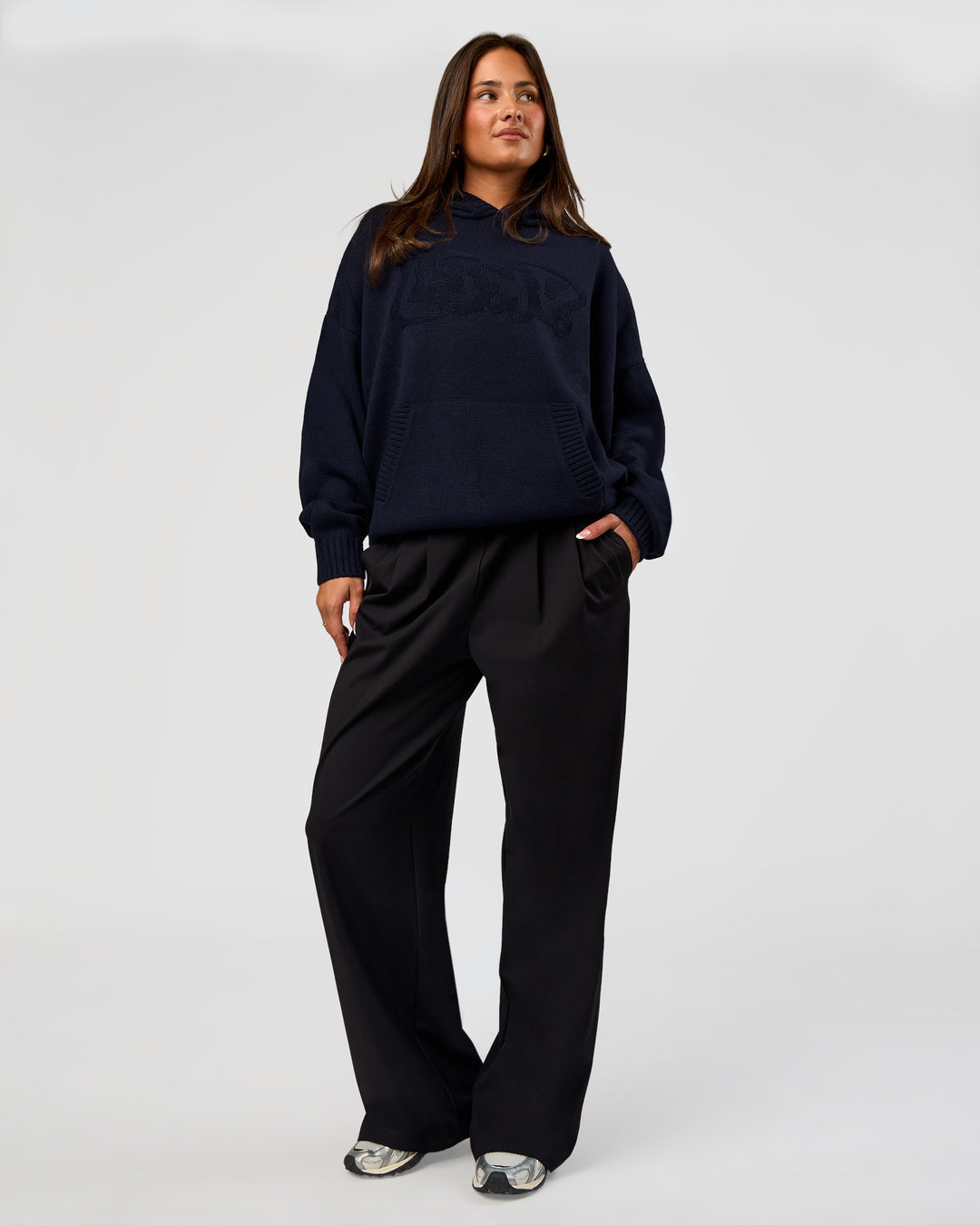 Woman wearing All Day Active Knitted Hoodie - Future Navy | Model:Bianca | Size:S