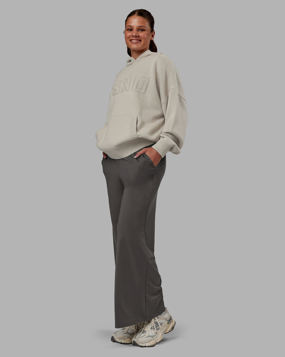 Woman wearing All Day Active Knitted Hoodie - Shale Beige | Model:Phoebe | Size:S