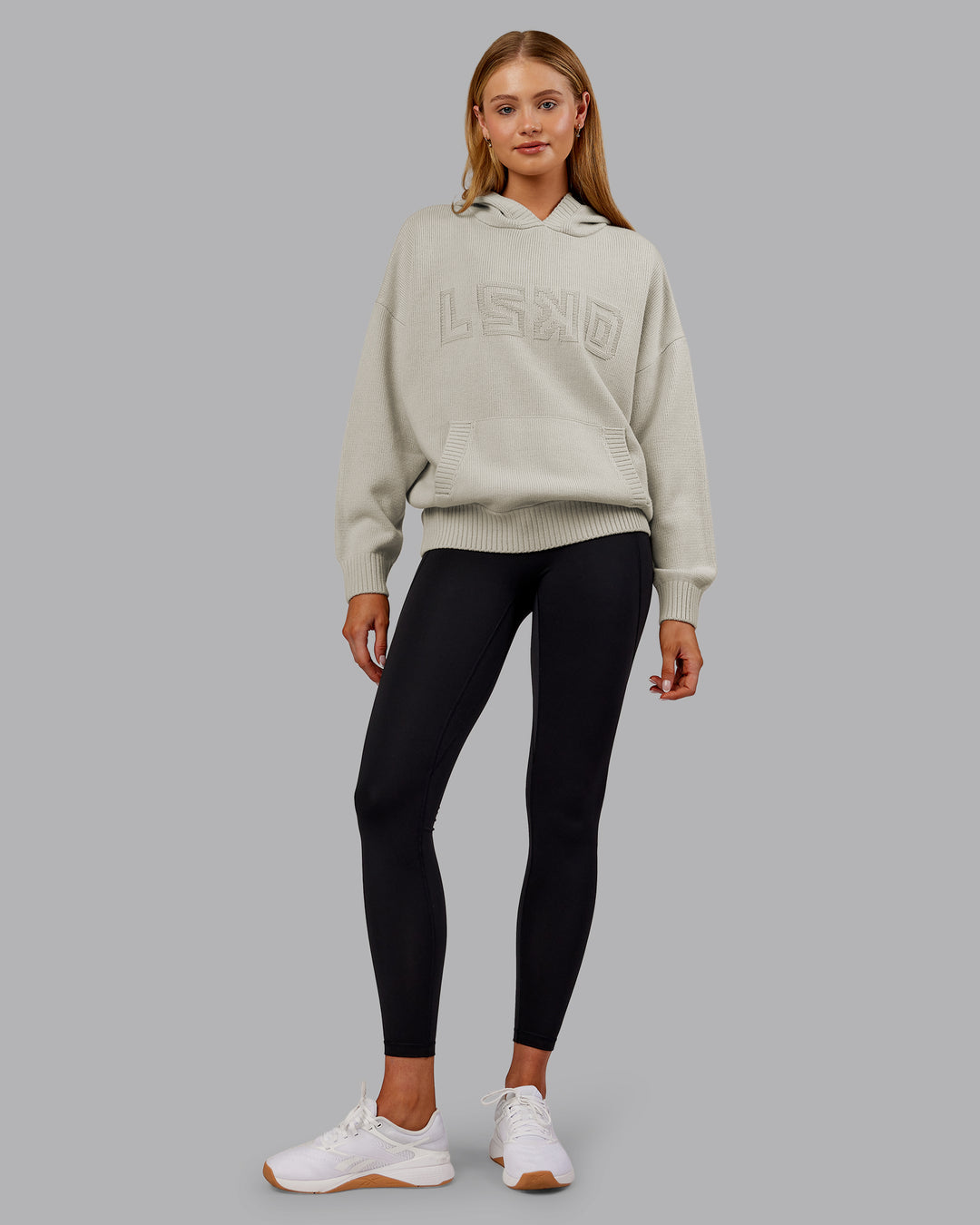 Woman wearing All Day Active Knitted Hoodie - Shale Beige | Model:Ella | Size:S