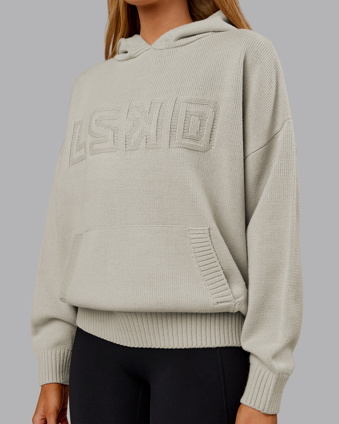 Woman wearing All Day Active Knitted Hoodie - Shale Beige | Model:Ella | Size:S