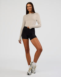 Woman wearing All Day Long Sleeve Tee - Shale Beige | Model:Ruby | Size:S